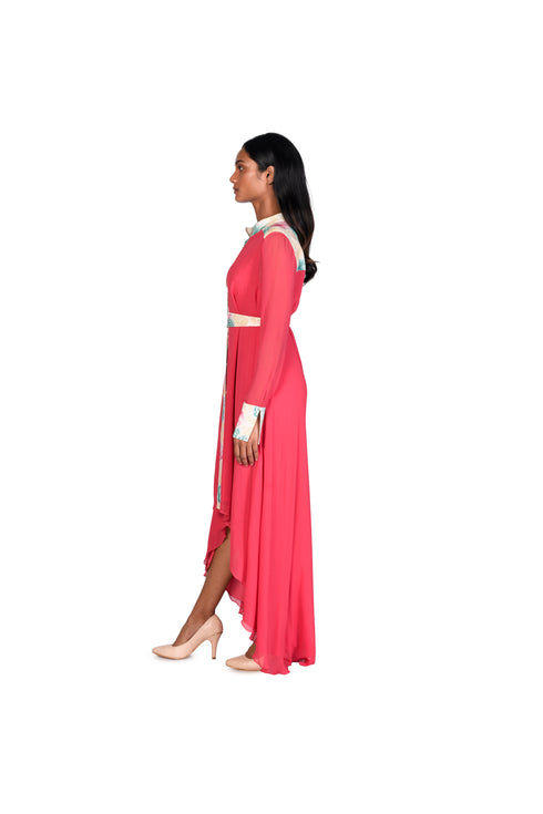 Coral Dahlia Handpainted Shirt Dress